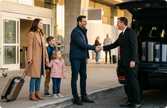 A chauffeur in a black suit shakes hands with a father outside an airport terminal while a mother and two children wait with their luggage beside a black SUV.