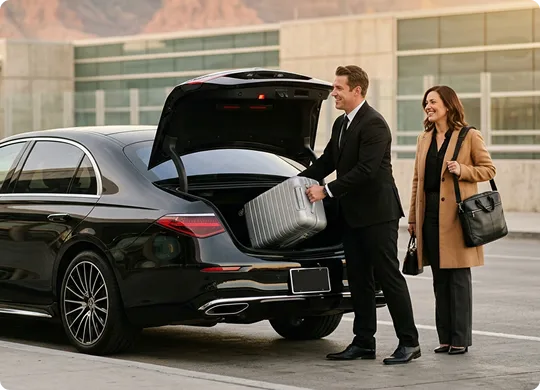 A chauffeur in a black suit loads a silver suitcase into the trunk of a black luxury sedan while a smiling businesswoman with a laptop bag waits beside him outside a convention center.