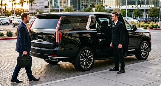 A chauffeur in a black suit holds open the rear door of a black luxury SUV for a businessman carrying a briefcase outside the Las Vegas Convention Center.