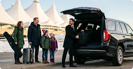 A smiling chauffeur loads a suitcase into the open trunk of a black SUV while a family of four in winter coats waits at the curb in front of the white peaked roof of Denver International Airport.