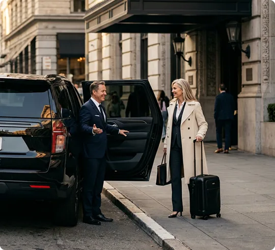 A smiling chauffeur in a navy suit holds open the rear door of a black SUV for a businesswoman with a rolling suitcase outside a grand downtown San Francisco hotel entrance.