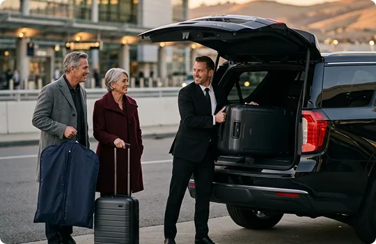 A chauffeur in a black suit loads a hard-shell suitcase into the open trunk of a black SUV while an older couple with a garment bag and rolling luggage wait at the airport curb.