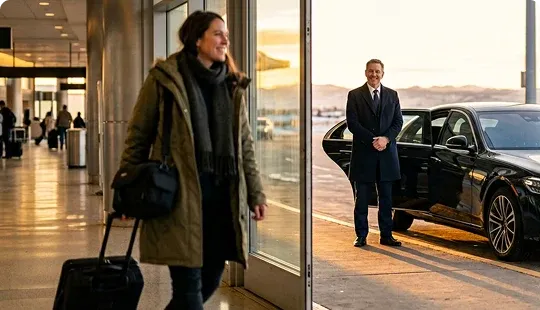 A smiling woman in a winter parka rolls her suitcase through an airport terminal toward the glass doors, where a chauffeur in a dark overcoat waits beside a black luxury sedan at sunset.