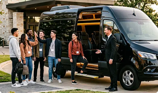 A chauffeur in a black suit welcomes a group of fans wearing event lanyards into a black Sprinter van outside a hotel.