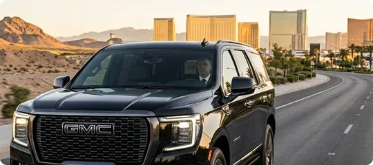 A chauffeur drives a black GMC Yukon SUV along a palm-lined road with the Las Vegas Strip skyline and desert mountains behind it.