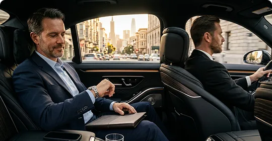 A businessman in a navy suit checks his watch with a leather folio on his lap in the back seat of a chauffeured car driving through downtown San Francisco.