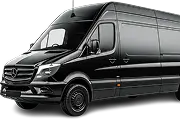 Front view of a black Mercedes-Benz Sprinter van