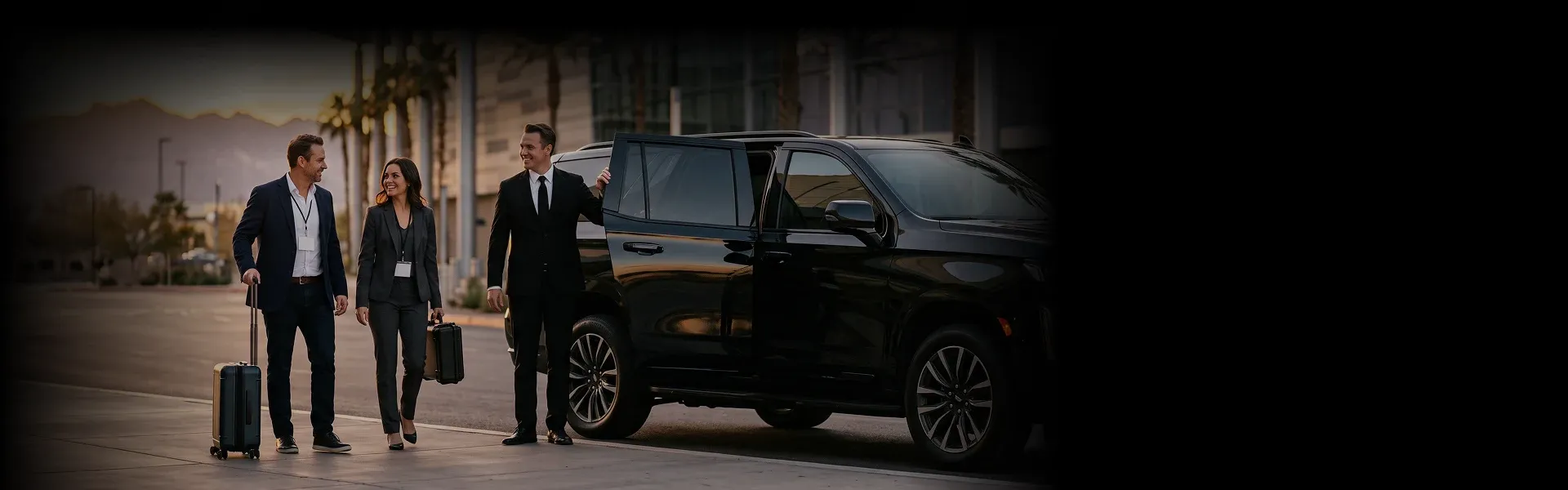 A chauffeur in a black suit holds open the rear door of a black luxury SUV for a businessman with a rolling suitcase and a businesswoman with a briefcase, both wearing event badges, outside a Las Vegas convention center at sunset.